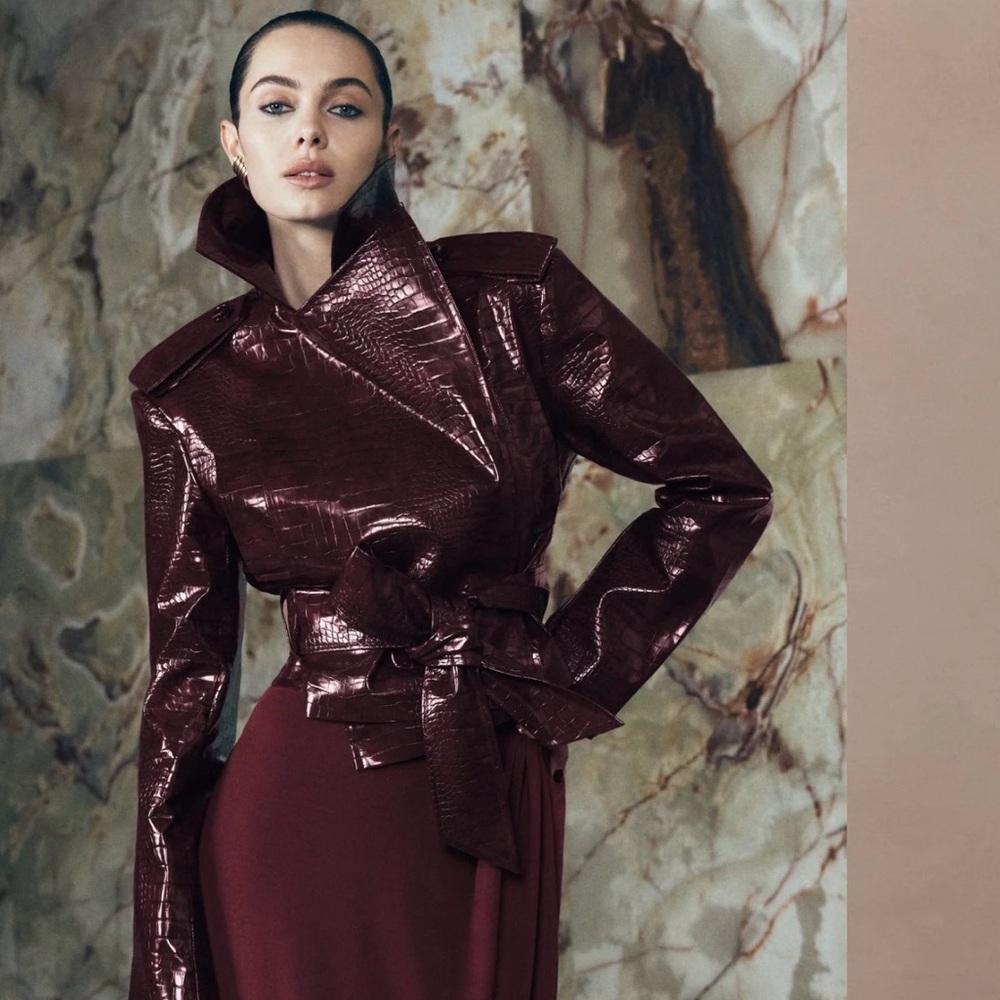 Meshki Archie Croc Faux Leather Cropped Jacket - Burgundy